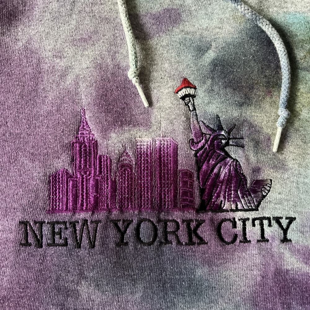 Vintage 90s NYC Twin Towers Hoodie XL Tie Dye Embroidered Fruit of Loom BEST